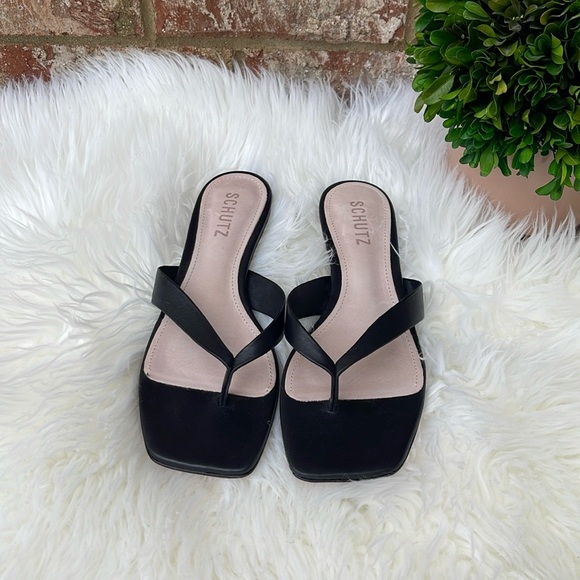 New Schutz Leni Leather Thong Square Toe Black Poen Toe Slippers Sandal Size 7 - Picture 3 of 6